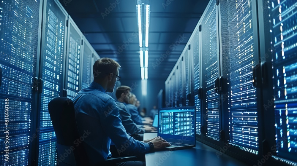 Leinwandbilder Professional IT programmers discussing blockchain data network architecture on a desktop computer display. The Technical Department of the Data Center is in operation. Generative AI.