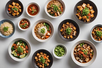 Set of bowls with tasty Chinese food on white background