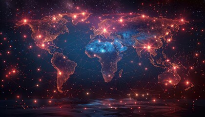 A glowingmap of the, showing the major cities and their connections. Theis surrounded by a sea of stars.