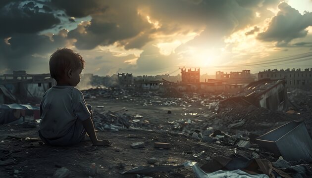 sad baby starving child on battlefield from war torn country sun in the clouds brings hope