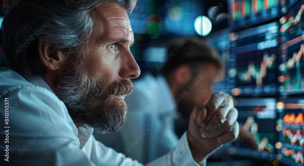 Poster A trading desk office with traders looking at data and stock information. Generative AI.