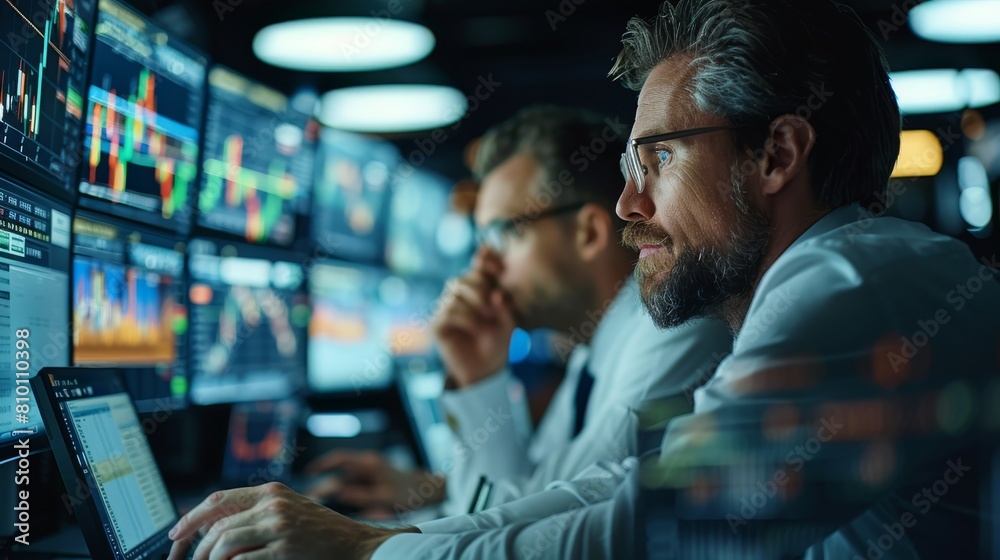 Poster A trading desk office with traders looking at data and stock information. Generative AI.