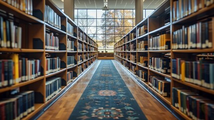 Fototapeta premium A library with many bookshelves and a carpeted floor. The carpet is blue and has a floral design