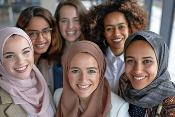 Fototapeta premium Elevated view of a group of smiling multiethnic bus