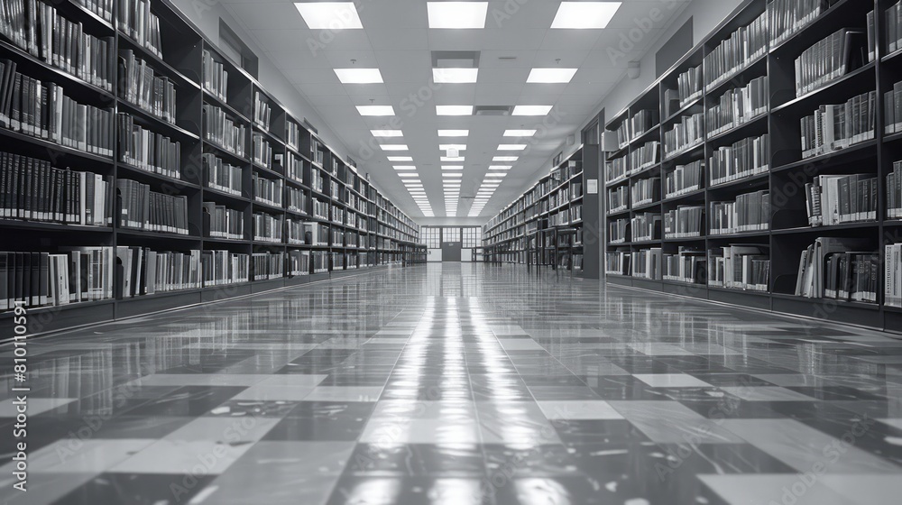 Aufkleber A library with many bookshelves and a large empty aisle. The library is very quiet and peaceful