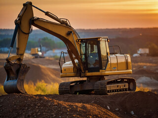 Sunset Site Work, Excavator Operating under the Last Rays of the Day