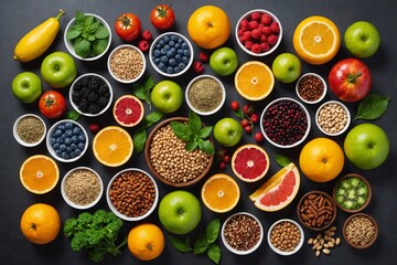 Health food for fitness conceptwith immune boosting properties with fruit, vegetables, herbs, spice, grains, pulses. High in anthocyanins, antioxidants, smart carbs, omega 3, minerals, vitamins.