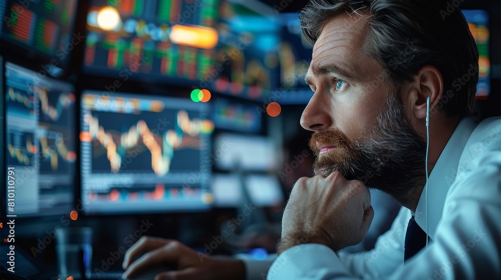 Poster A trading desk office with traders looking at data and stock information. Generative AI.