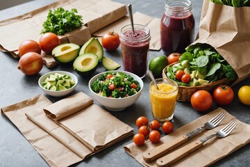 Healthy meal slimming diet plan daily ready menu background, organic fresh dishes and smoothie, fork knife on paper eco bag as food delivery courier service at home in office concept, close up view. - Powered by Adobe