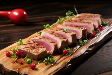 Freshly seared tuna steaks with herbs and berries on a rustic wooden serving board
