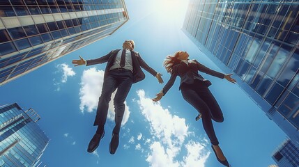 Two top executives, a man and a woman hovering in the air, in the background modern skyscraper during a sunny day. Generative AI.