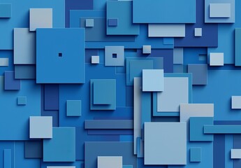 This image displays a 3D illustration of various blue squares and rectangles, layered and arranged in a dynamic abstract pattern