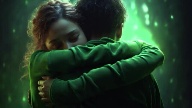 Couple hugging in green background, young male and female showing affection, a teenage couple in love with glowing neon background Generative AI