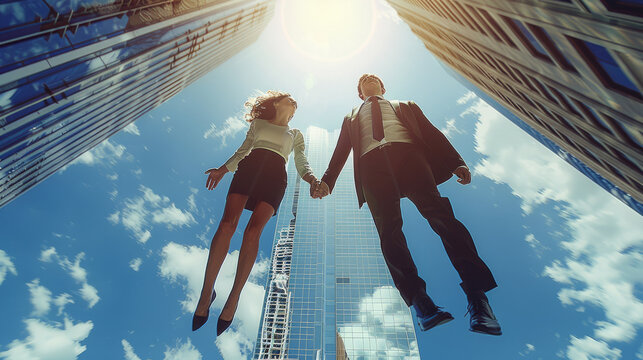 Two top executives, a man and a woman hovering in the air, in the background modern skyscraper during a sunny day. Generative AI.