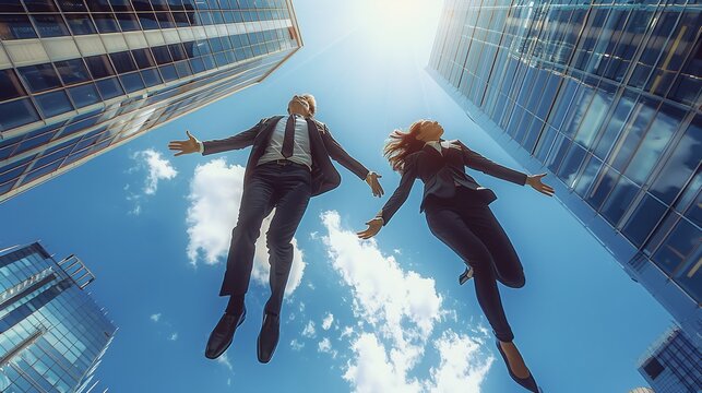 Two top executives, a man and a woman hovering in the air, in the background modern skyscraper during a sunny day. Generative AI.