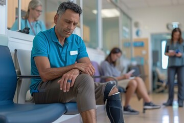 Man looking at brace on knee while sitting in hospital