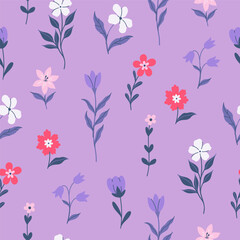 Seamless pattern with meadow flowers on a lilac background. Vector graphics.