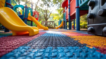 A colorful playground with a yellow slide and a blue slide. The playground is full of children playing and having fun