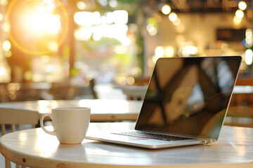 Laptop on a table in a coffee shop with a blurred background, a sunny day, a closeup, high-resolution photography, stock photo, copy space for text, a banner, and a sunset color grade filter effect.