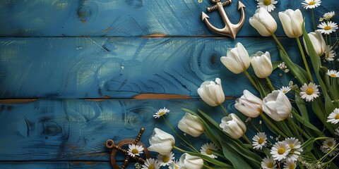 Naklejka premium Anchors and compasses line the right side with navy tulips and white daisies, leaving space on the left, banner greeting card for wedding reception, valentines, mother's day, father's day
