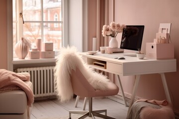 Elegant Home Office in Dusty Rose with Chic Pastel Accents and Vintage Furniture