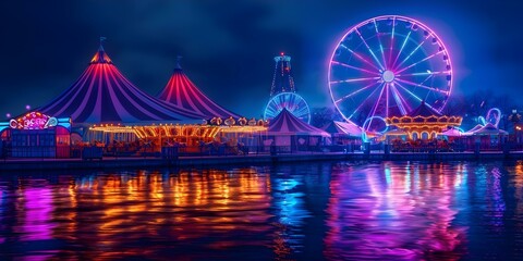Vibrant carnival scene with circus tent ferris wheel carousel and neon lights. Concept Carnival, Circus Tent, Ferris Wheel, Carousel, Neon Lights
