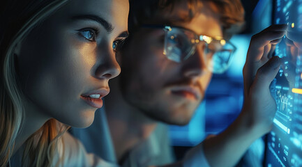 Group of white people looking at data analysis. Generative AI.