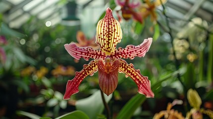 Blooming Orchid: In a greenhouse, a rare orchid displays its intricate blooms, the striking patterns and colors drawing visitors in for a closer look 