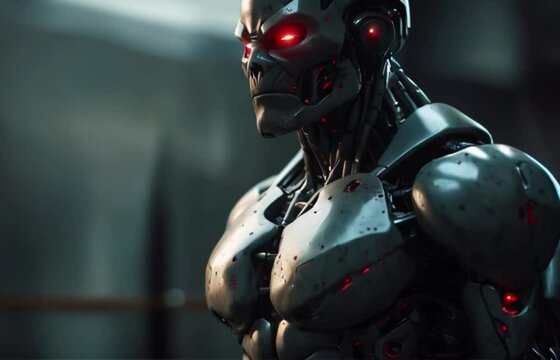 Cyborg evil angry robot with red eyes, physically strong destroyer artificial intelligence robot Generative AI
