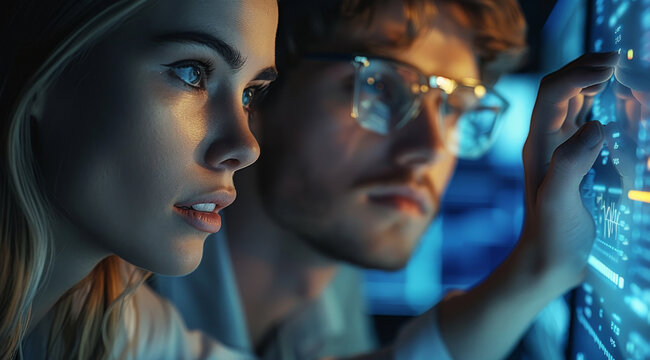 Group of white people looking at data analysis. Generative AI.