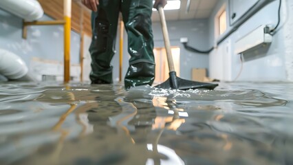 Cleaning up significant floodwater in a basement or electrical room following a leak. Concept Flood Cleanup, Basement Water Removal, Electrical Room Water Damage, Leak Recovery, Cleaning Strategies