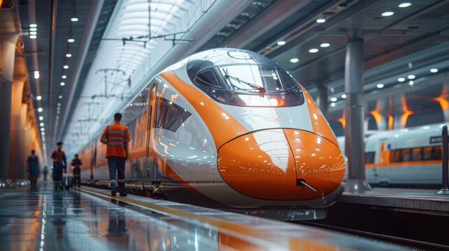 an engineer and customs official reviewing a high-speed rail safety certificate before an international journey.