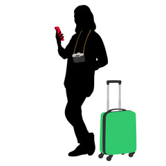 Silhouette of young woman tourist with camera and smartphone. Girl in casual clothes with a suitcase and tickets. The female traveler goes on a journey. Vector illustration isolated on white