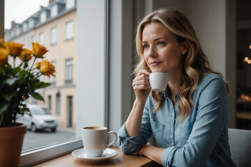 Portrait of woman sitting at the window at home having a coffee break