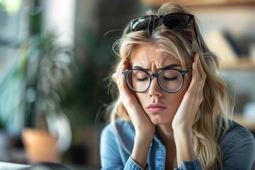 Woman suffering from headache at workplace in office