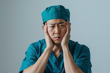 Young Asian surgeon wearing scrubs and looking stressed - Powered by Adobe