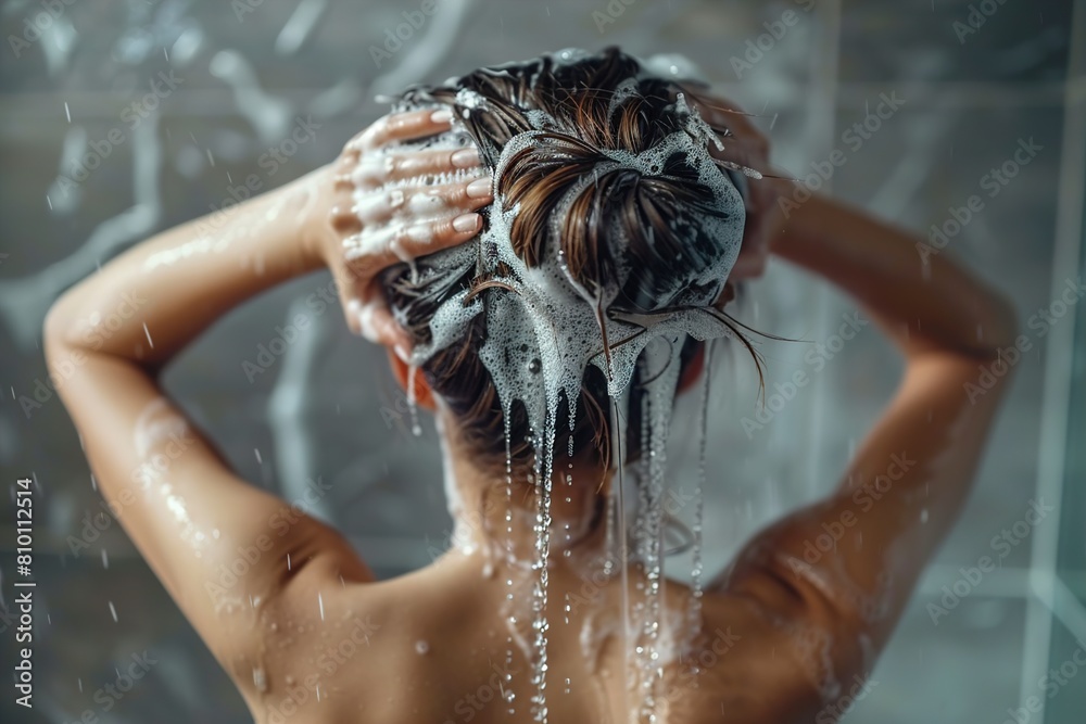 Poster Young woman washing her hair with solid shampoo bar