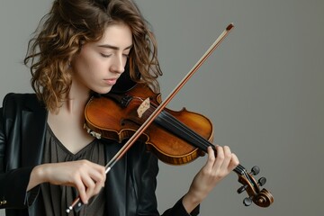 Fototapeta premium Young woman playing the violin against gray background