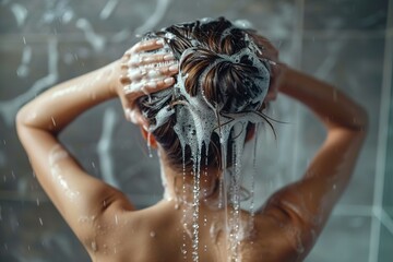 Young woman washing her hair with solid shampoo bar