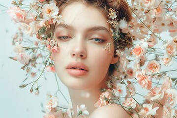 Young woman with beautiful silky body and flowers