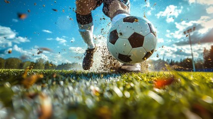 a football player practicing a powerful kick on a sunny day, captured in ultra-high resolution on a well-maintained field.