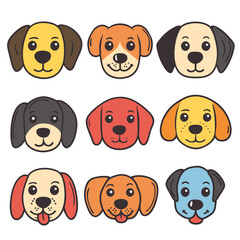 Nine cartoon dog faces, various colors expressions, cute dog illustrations, face unique, friendly pet faces collection, simple style cartoon dogs, faces set, colorful canine characters isolated