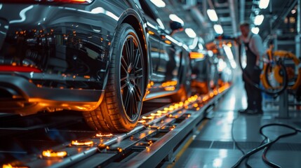 an automotive engineer inspecting a vehicle assembly line, detailed focus on product quality inspection process.