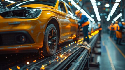 Obraz premium an automotive engineer inspecting a vehicle assembly line, detailed focus on product quality inspection process.