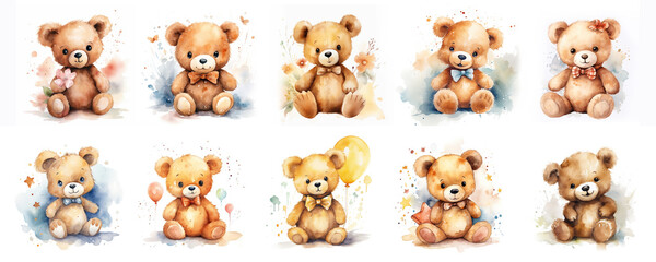 Set of 10 super cute brown teddy bear watercolor isolated on white background, hand drawn minimalistic illustration	
