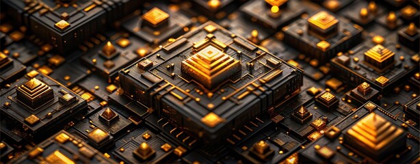Black and gold geometric contours of an electrical circuit with a chip with orange lights, a background for a futuristic banner with an abstract illustration in dark gold and black. Digital wallpapers