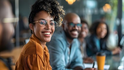 Obraz premium Spreading Positive Energy: Professionals Share During Office Discussions. Concept Work Culture, Positive Vibes, Employee Engagement, Team Collaboration, Motivation