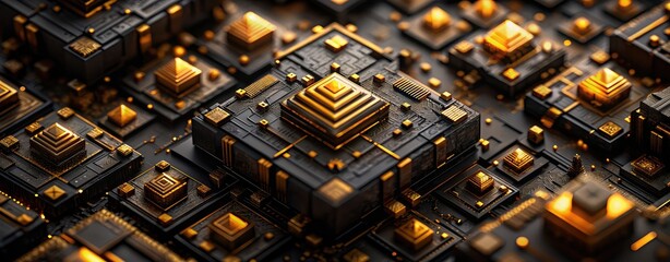 Black and gold geometric contours of an electrical circuit with a chip with orange lights, a background for a futuristic banner with an abstract illustration in dark gold and black. Digital wallpapers