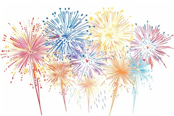 A colorful fireworks display with a white background. The fireworks are arranged in a row, with some being more prominent than others. Scene is celebratory and festive