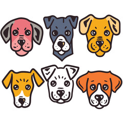 Six cartoon dog faces, different color expression. Cartoon dogs display varied emotions, colors pink, blue, yellow, white, orange. Cute canine characters, pet head icons isolated white background